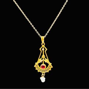 Antique Edwardian 10K Gold Ruby Pearl Lavalier Necklace